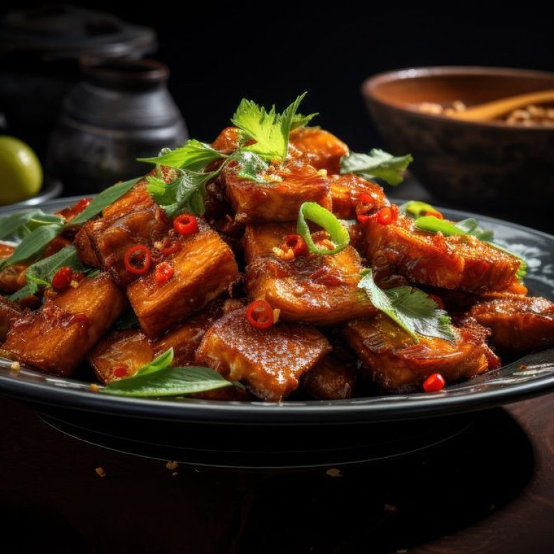 An enticing close-up of a plate of sambal goreng tempe, showcasing the crispy fried tempeh cooked in a spicy chili sauce