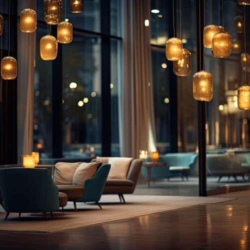 Luxury hotel interior with blurred bokeh light, suitable for design.