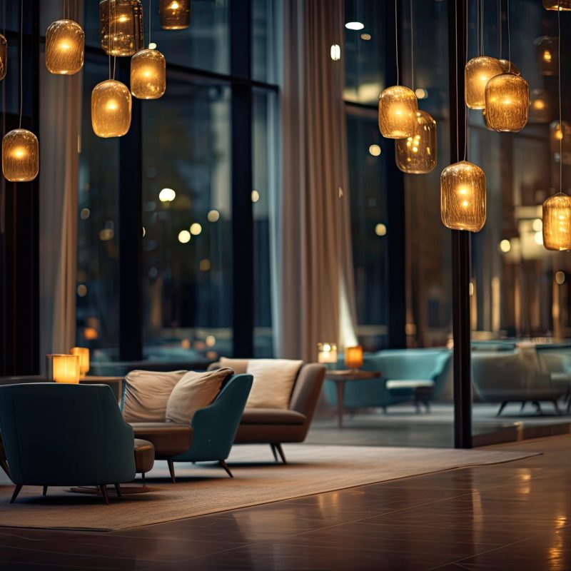 Luxury hotel interior with blurred bokeh light, suitable for design.