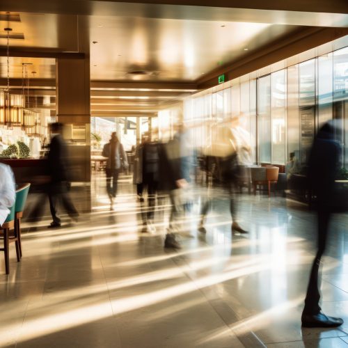 Hotel Lobby Restaurant Lounge, People Walking with Blurry Effect to Show Motion and Activity