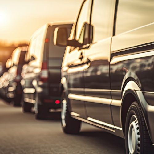 Many black luxury vans parked in a row at a car dealership with a close up view of the tail lights against a sunset Fleet of vans for commercial cargo transportation and VIP charters Copy space