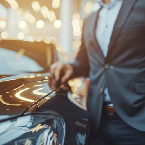 Businessman, hands and chauffeur by car door for travel accommodation, designated driver or commute. Hand of male person on vehicle handle in professional transport service, business class or pick up